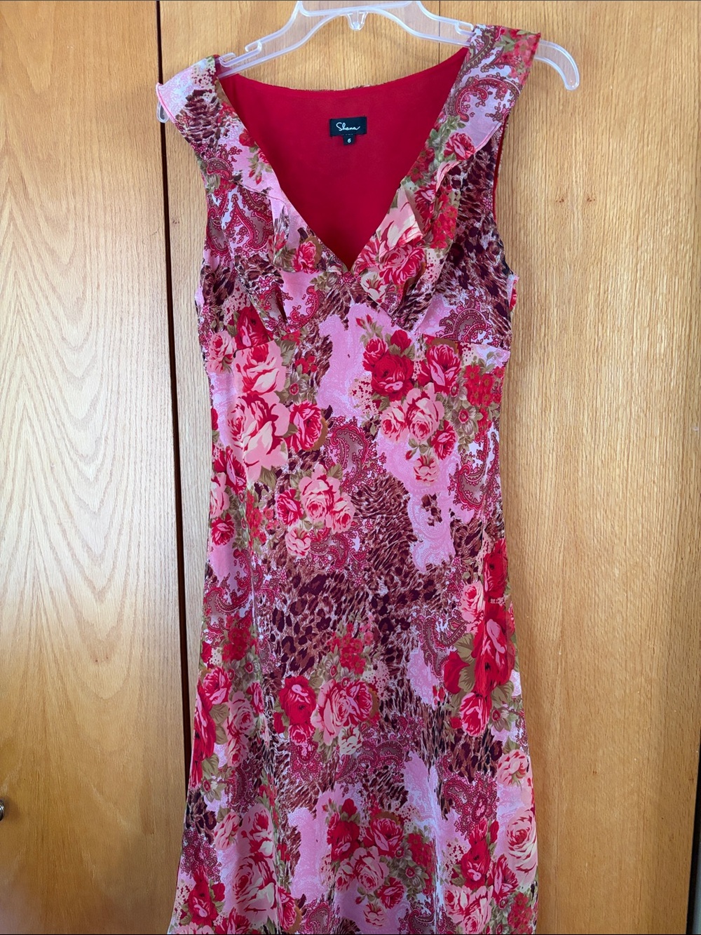 Vtg Shana Sz 6 Floral mixed paisley print  leopard ruffle v neck empire dress EU